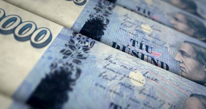 Iceland krona Icelandic money banknote loop. 10000 ISK money texture. Concept of economy, business, crisis, banking, recession, debt and finance. Moving over note loopable seamless 3d.