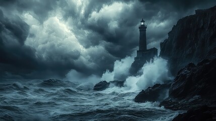 A violent storm over a rocky coastline, powerful waves crashing against black cliffs, sending massive spray into the air, a lone stone lighthouse standing against the tempest, dramatic, 