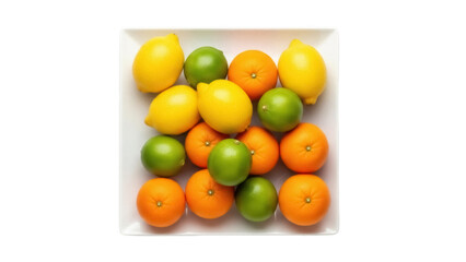 Isolated shot of oranges, lemons, and limes arranged together on a square serving plate