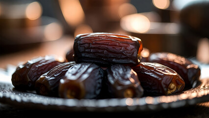 A close-up shot of several dark brown dates piled on a decorative metal plate with a blurred warm background.
