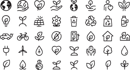 Fototapeta premium Ecology and Green Energy Vector Icon Set Sustainability Environmental Care and Renewable Resources Line Icons