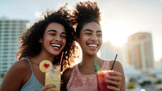 Happy friends enjoying rooftop party with cocktails at sunset. Two cheerful women laughing together holding tropical drinks. Summer celebration, friendship and joyful moments in urban city setting. - Powered by Adobe