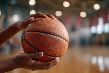 Basketball Game Close-Up Hands Holding Ball in Indoor Arena with Focus on Texture and