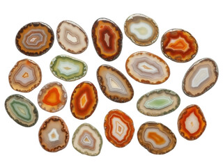 Isolated collection of colorful agate slices showing concentric bands, gemological specimens