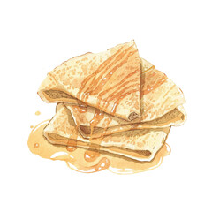 Watercolor illustration of a stack of crepes, folded in a triangle shape, drizzled with honey, showcasing a sweet and tempting dessert, watercolor illustration on white.