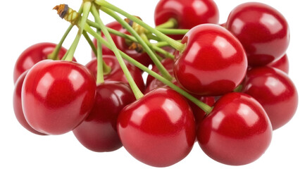 Isolated bunch of ripe cherries with green stems against a clean backdrop, fruit closeup