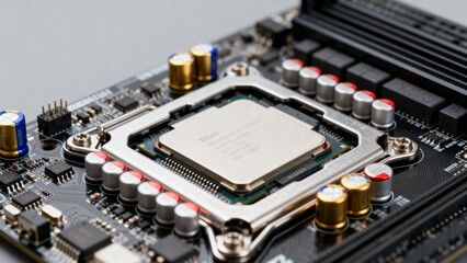 Closeup of computer motherboard with CPU socket