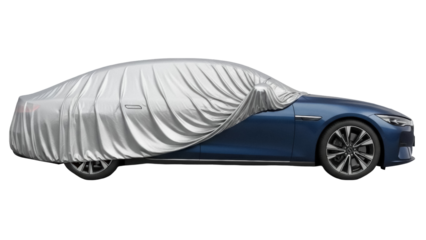 Isolated car partially covered with silver tarp, showing a shiny blue car with sleek design