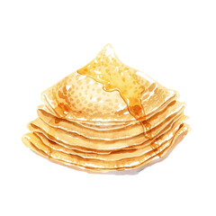 Watercolor illustration of a stack of crepes, folded in a triangle shape, drizzled with honey, showcasing a sweet and tempting dessert, watercolor illustration on white.