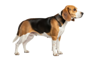 Isolated Beagle looking ahead with calm expression. Breed with brown, white, and black coat