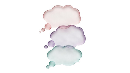 Isolated stack of translucent thought bubbles in shades of pink, purple, and green on no background