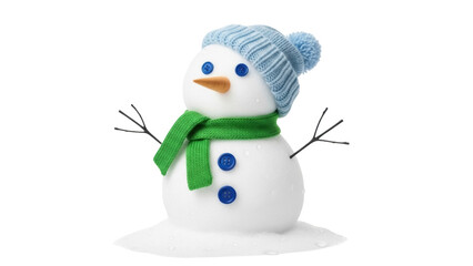 Isolated Snowman in Knit Hat with Buttons, Carrot Nose, Scarf on Small Snowy Platform