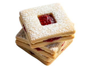 Isolated stack of Linzer cookies filled with red jam and dusted with powdered sugar goodness