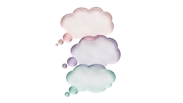Isolated stack of translucent thought bubbles in shades of pink, purple, and green on no background - Powered by Adobe
