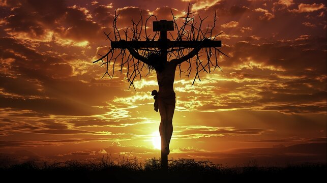 Silhouette of a crucifix with a figure on cross against a dramatic sunset sky