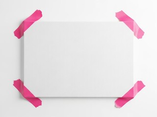 Blank canvas secured with bright pink tape on a white wall, ready for creative expression.