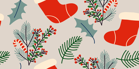 Festive Christmas Holiday Seamless Pattern with Stockings and Holly