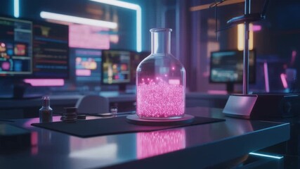 A glowing pink substance in a glass flask on a desk in a futuristic laboratory with multiple computer screens and neon lighting. - Powered by Adobe