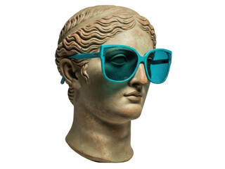 Isolated bust sculpture of a classical figure wearing stylish fashion sunglasses outdoors