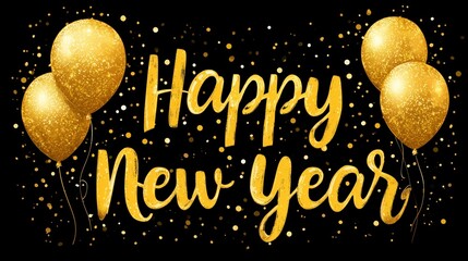 Gold Glitter Balloons with Happy New Year Text on Black Background