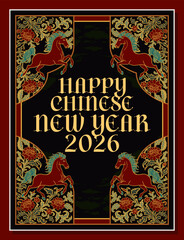 Obraz premium Vintage Chinese Horse Floral Frame Illustration for Happy Chinese New Year 2026 Background