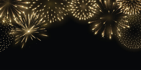 Add to any background using screen mode. Fireworks explosion with gold glow on black background. Festive vector decoration for New Year, 4th of July, Independence Day, Diwali and celebration designs.