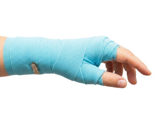 Isolated hand with a blue elastic bandage for support, compression wrap on wrist or arm