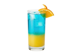 Isolated drink with fruit garnish, yellow and blue liquor layers in a tall glass