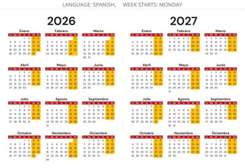 2026 and 2027 spanish annual calendar. Vector modern illustration color of flag of Spain - year calendario