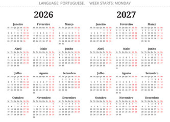 Portuguese calendar collection for 2026 and 2027 year. vector illustration serif font for Portugal