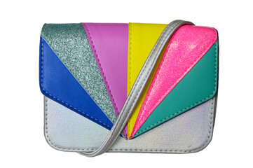 Small multicolored bag purse isolated on white background.
