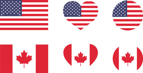 United States and Canada flag vector set in heart and circle shapes, patriotic national symbols for independence, travel, and international design concepts