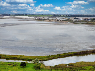 well-known sea salt mining site near Le Grau du Roi, Camargue, Provence, France, drone photo