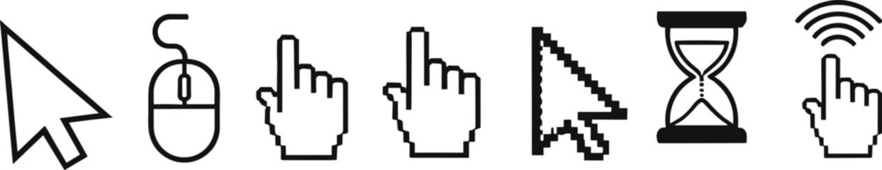 Cursor and pointer icon vector set with arrow, hand, mouse, loading, and click symbols for user interface, web, and digital interaction design