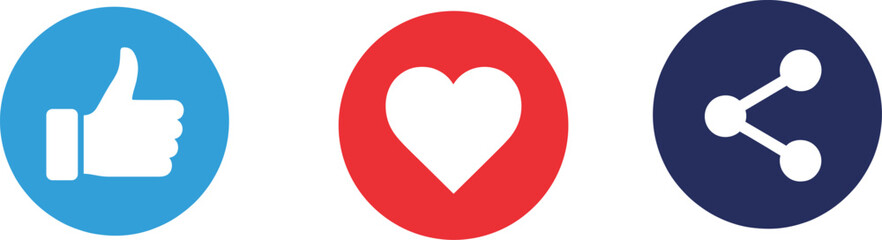 Social media interaction icon vector set with like, love, and share symbols in round buttons for digital communication and user engagement design