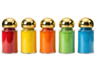 Isolated row of glass jars containing red, yellow, orange, green and blue colored powders