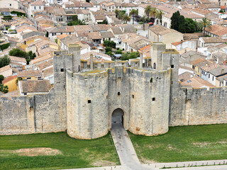 Drone photo of Old, historic city wall of Aigues Mortes, Camargue, Provence, France