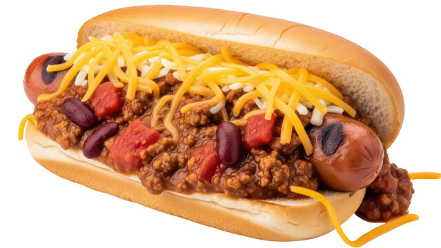 Isolated chili cheese dog on bun with tomatoes and beans, a classic American dish or snack