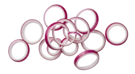 Vibrant red onion rings scattered against a transparent background, perfect for culinary use