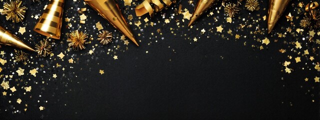 Gold Party Hats and Confetti on Black Background for Celebration Design