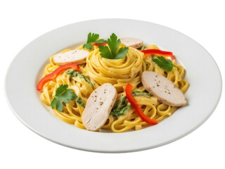 Isolated delicious fettuccine alfredo with grilled chicken and red peppers on plate for lunch