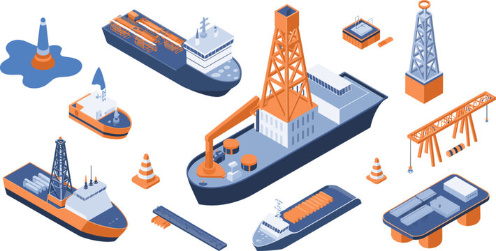 Isometric, offshore, oil, gas, industry, illustration, drilling, rigs, platforms, tankers, ships, energy, production, maritime, equipment, vector, industrial, infrastructure, engineering, design