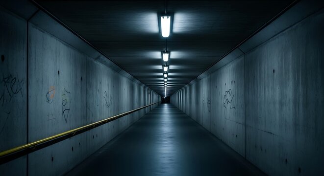 Dark concrete underpass with yellow handrail and overhead lights tunnel hallway