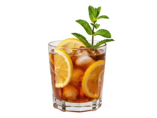 Isolated glass of iced tea drink garnished with lemon slices and fresh mint sprig, summer beverage