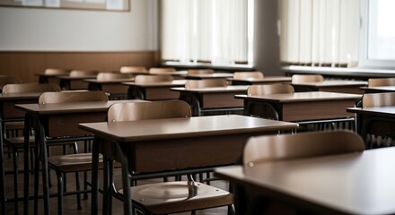 Empty classroom with rows of wooden desks and chairs school