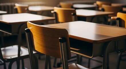 Empty classroom with rows of wooden desks and chairs school education