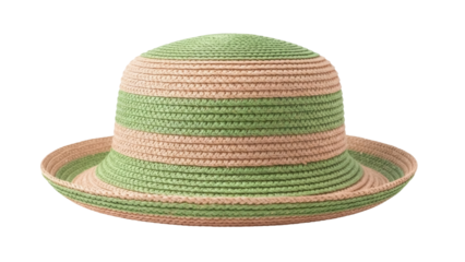 Isolated woven sun hat with green and tan stripes for summer outdoor vacation wear