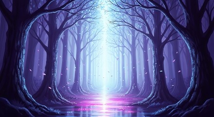 Enchanted forest path with glowing light and falling petals trees