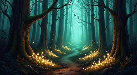 Enchanted forest path with glowing mushrooms and misty atmosphere woods trail