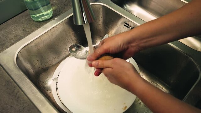 Dishwashing process. Woman washing and rinsing dishes by hand under running water in the kitchen sink. High quality 4k footage